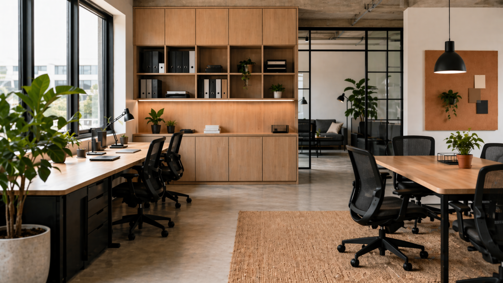 Nowoczesne biuro dla małego zespołu z ergonomicznymi stanowiskami pracy i uporządkowanym układem przestrzeni.