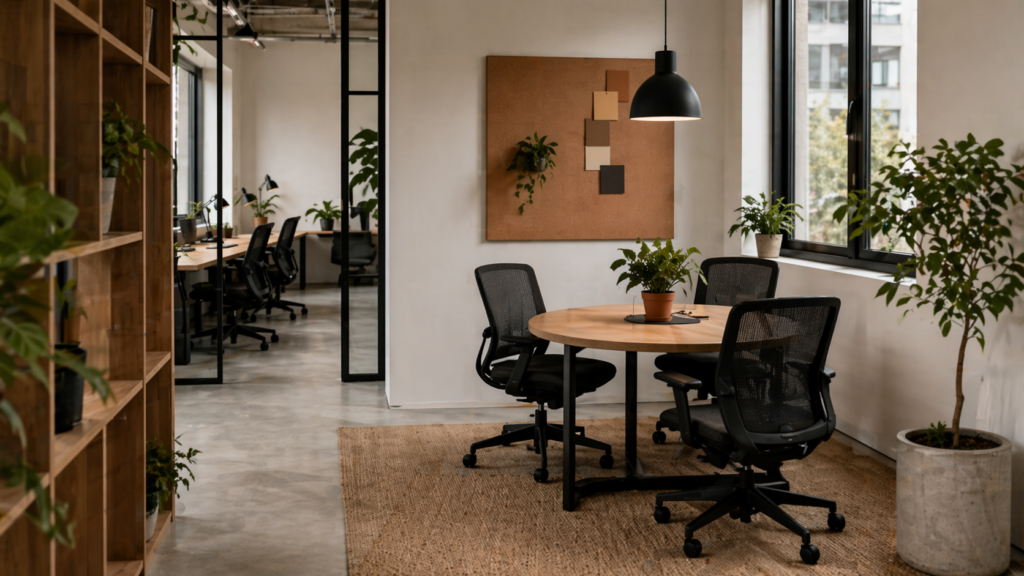 Mała strefa spotkań w biurze z okrągłym stołem, krzesłami i roślinami w nowoczesnym wnętrzu.
