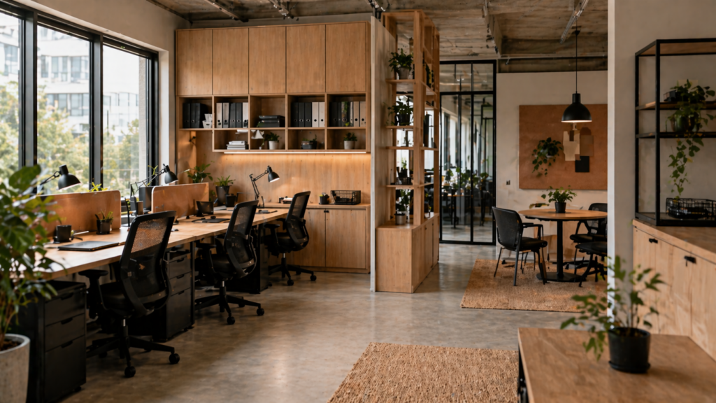Funkcjonalne biuro z miejscem do przechowywania, biurkami i uporządkowaną aranżacją dla małej firmy.