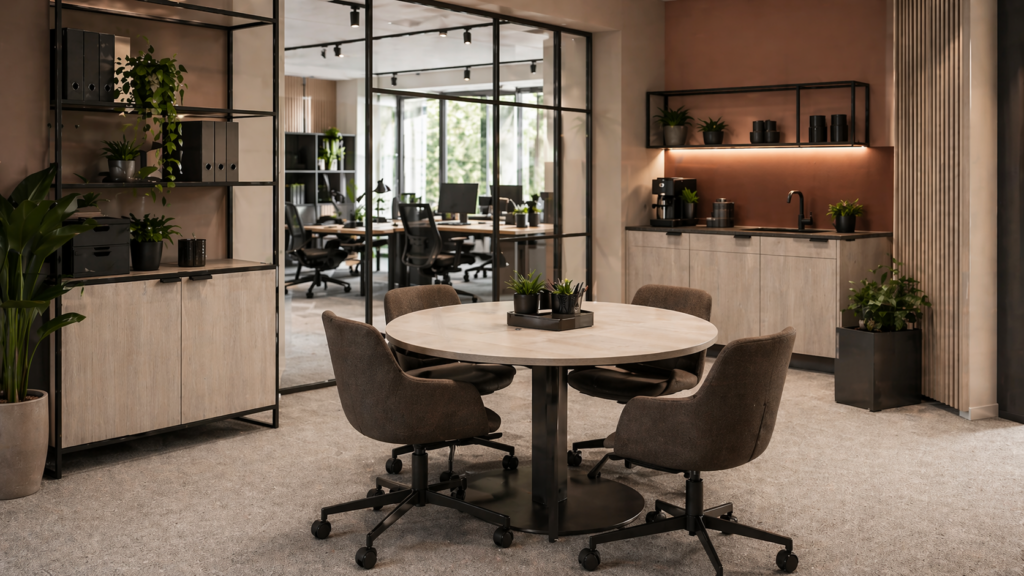 Nowoczesne biuro z wygodną strefą spotkań i zapleczem socjalnym, wspierające organizację pracy zespołu.