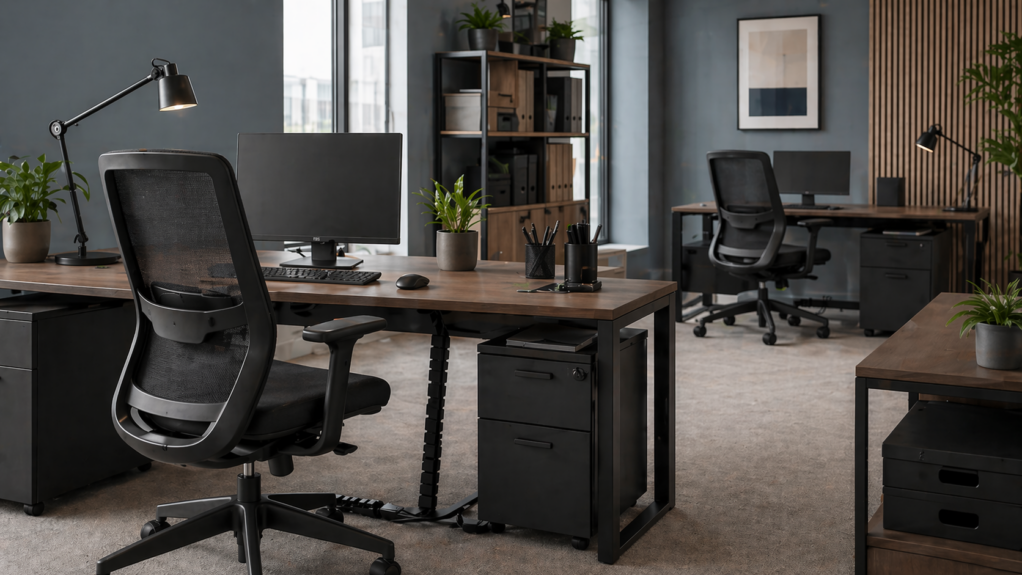 Nowoczesne biuro z otwartą strefą pracy, biurkami w ciemnym drewnie, zielonoszarymi ścianami, ergonomicznymi krzesłami i przeszkloną salą spotkań w tle.