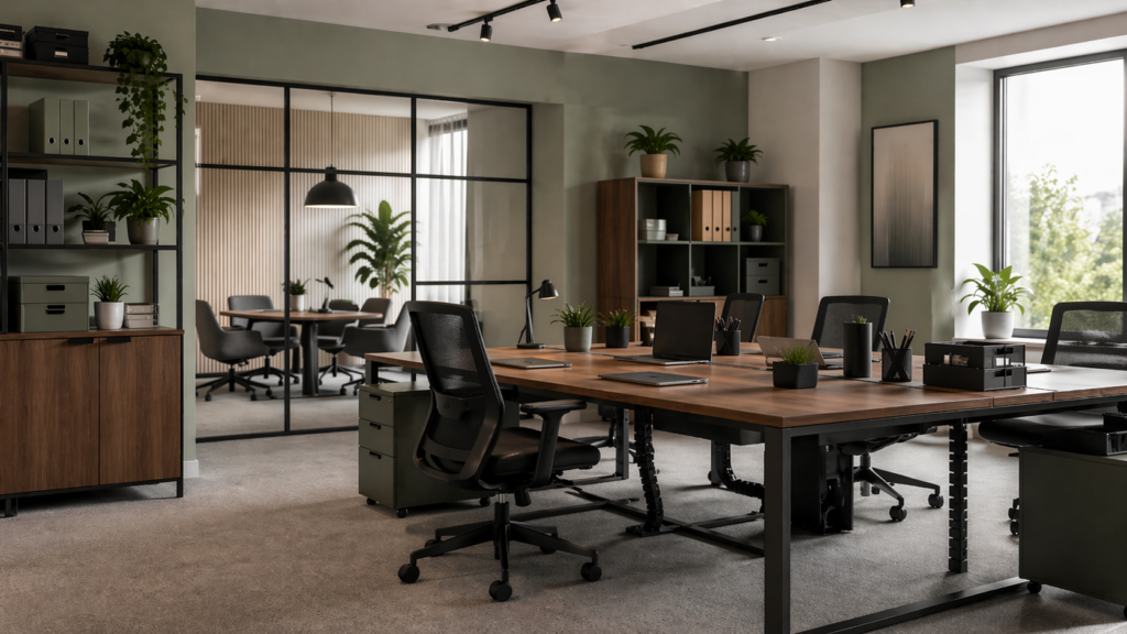Funkcjonalne biuro z dobrze zaplanowanymi stanowiskami pracy, ergonomicznymi meblami i uporządkowaną przestrzenią.
