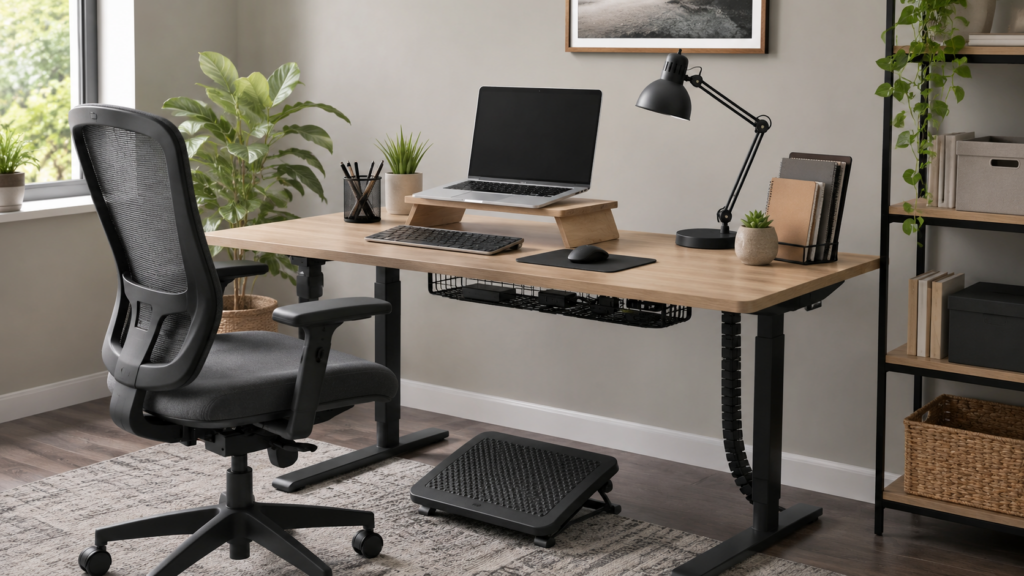Ergonomiczne stanowisko pracy w biurze z laptopem na podstawce, wygodnym krzesłem i dobrze zorganizowaną przestrzenią.