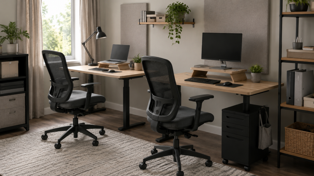 Organizacja biura dla małego zespołu – dwa funkcjonalne i ergonomiczne stanowiska pracy w nowoczesnym wnętrzu.
