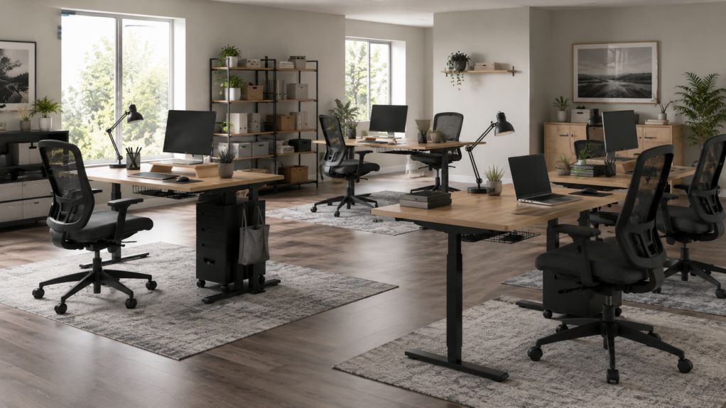 Nowoczesne biuro typu open space z kilkoma ergonomicznymi stanowiskami pracy, biurkami, monitorami i uporządkowaną wspólną przestrzenią.