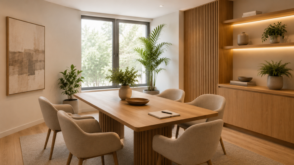 Elegancka sala spotkań z drewnianym stołem, tapicerowanymi krzesłami, roślinami i naturalnym światłem, przygotowana do rozmów z klientami.