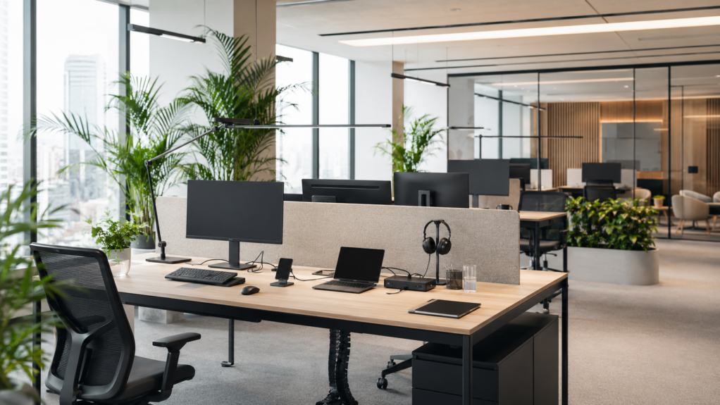 Nowoczesne biuro typu open space z ergonomicznymi stanowiskami pracy, monitorami, laptopami, oświetleniem liniowym i dużą ilością zieleni.