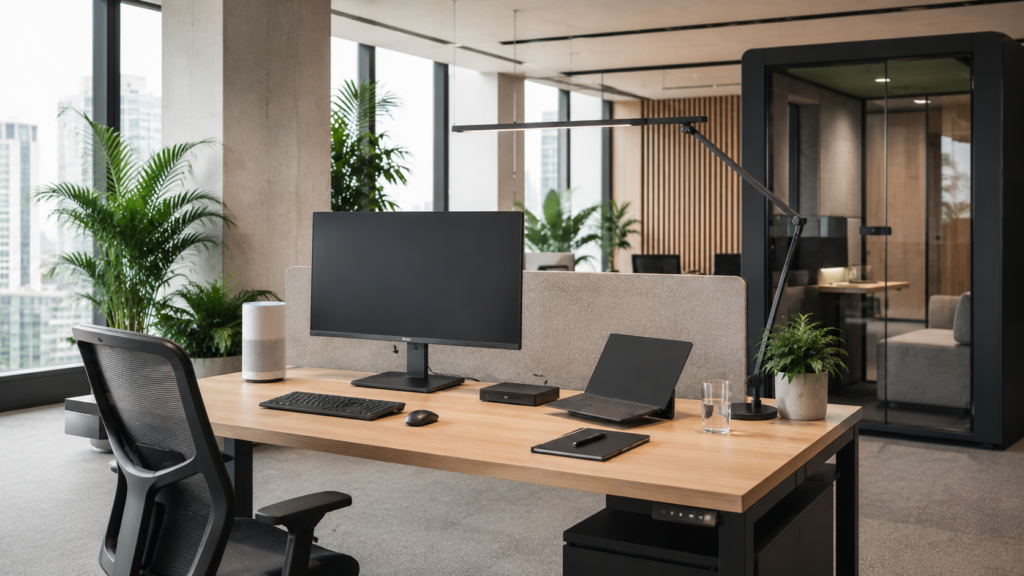 Ergonomiczne stanowisko pracy w nowoczesnym biurze z monitorem, laptopem, stacją dokującą, lampą biurkową i akustyczną budką do rozmów.