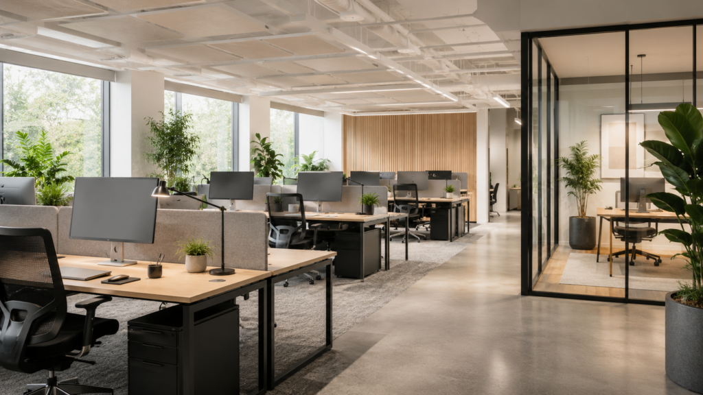 Nowoczesne biuro typu open space z ergonomicznymi stanowiskami pracy, panelami akustycznymi, roślinami i przeszklonym gabinetem.