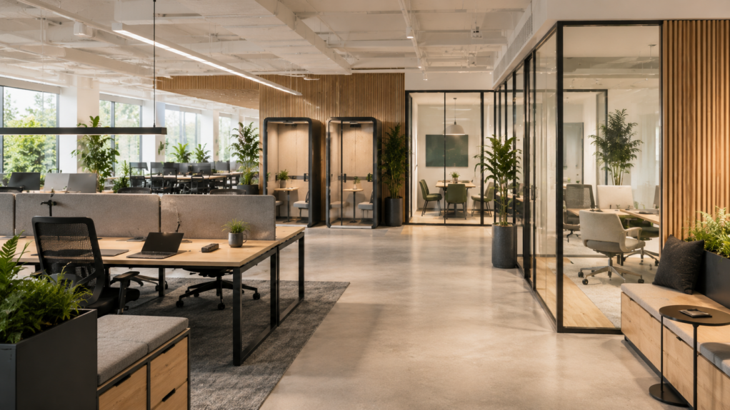 Hybrydowe biuro łączące open space, gabinety, sale spotkań i budki do rozmów telefonicznych.