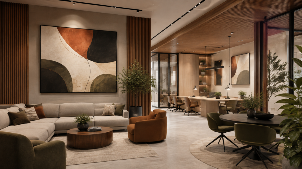 Nowoczesna strefa lounge i przestrzeń do pracy z designerskimi grafikami, roślinami oraz spójną aranżacją biura.