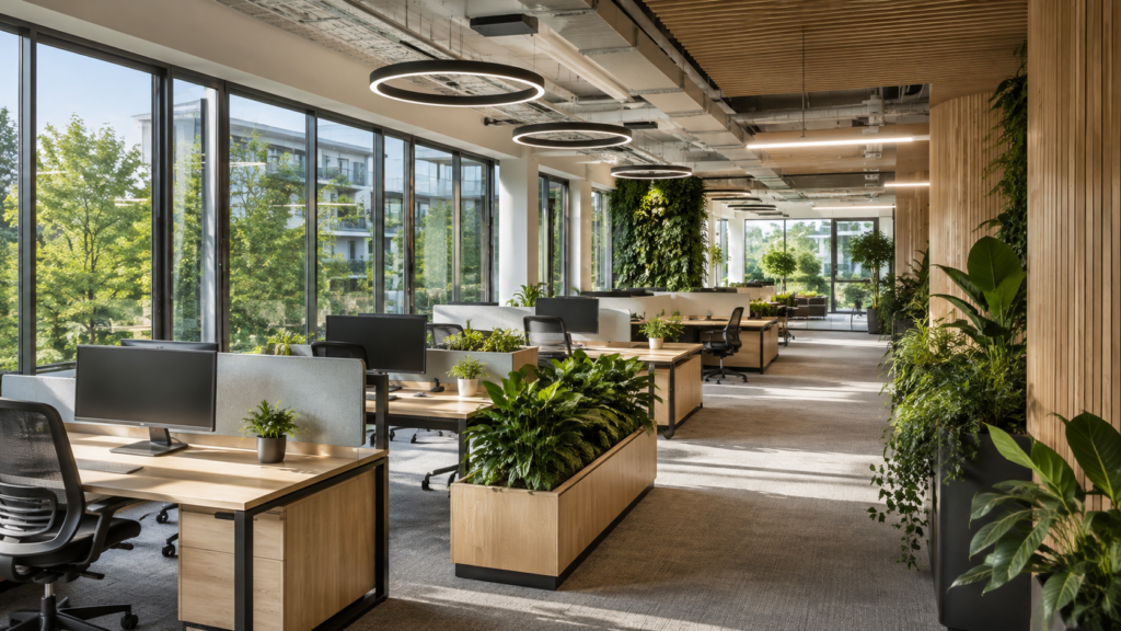 Ekologiczne wnętrze biura typu open space z dużymi oknami, naturalnym światłem, drewnianymi elementami i roślinami.