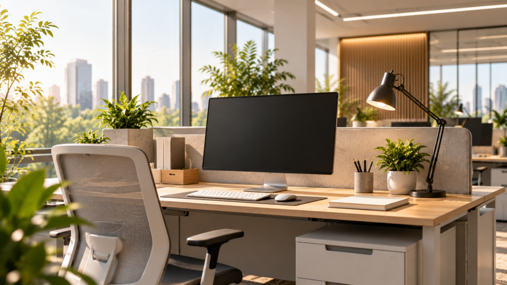 Ergonomiczne stanowisko biurowe z monitorem i lampką biurkową, doświetlone naturalnym światłem wpadającym przez duże okna.