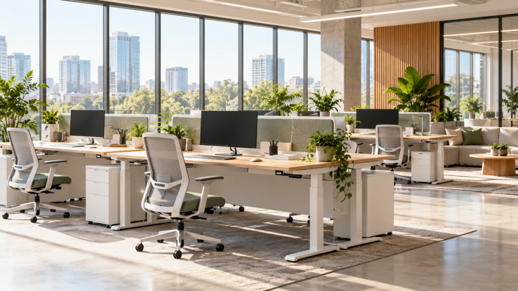 Ergonomiczne stanowisko pracy biurowej z regulowanym biurkiem, wygodnym fotelem, monitorem i laptopem na podstawce.